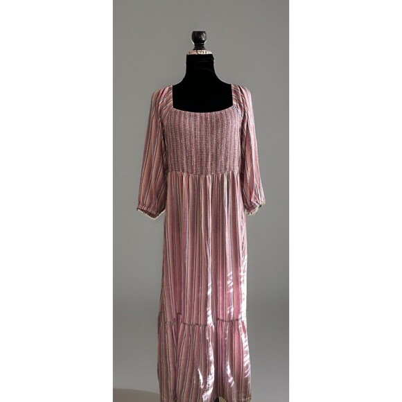Marine Layer Ivy Smocked Maxi Dress Linen Blend Striped in Brick Size XL - Picture 1 of 14